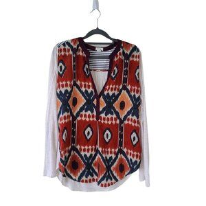 Tiny Anthropologie Sima Aztec Print Long Sleeve‎ Top Mixed Media Tab Sleeves Med